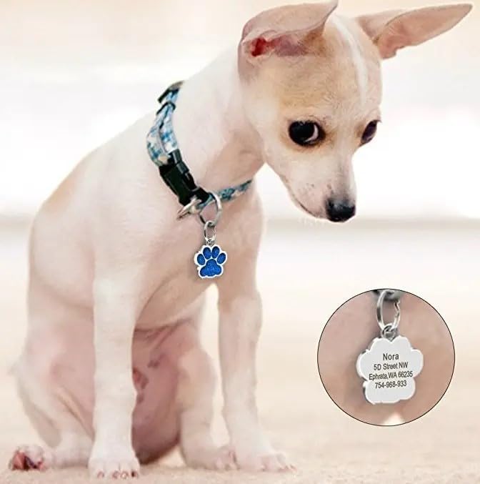 Cute Personalized Pet Name Tags for Cats/Dogs - Glitter Custom pet id tag, Dog id Tags Engraved for Pets, Customizable cat tag, pet Collar Charms, Dog Name tag (Paw-Shaped-Small: Blue)