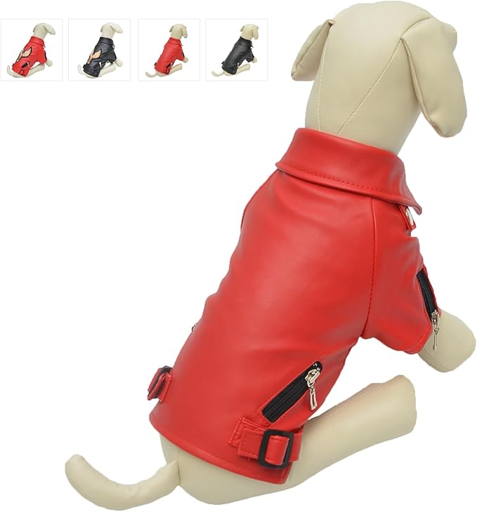 Lovelonglong Cool Dog Leather Jacket, Warm Coats Dogs Windproof Cold Weather Coats for Pugs Bulldog Pitbull Red B-M