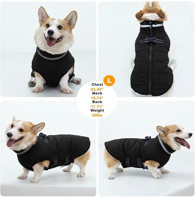 Large Dog Coat with Harness Built-in, Waterproof Reflective Fleece Lined - Warm Windproof Winter Jacket with Back Zipper, Cold Weather Snow Dog Coats - Black - XL