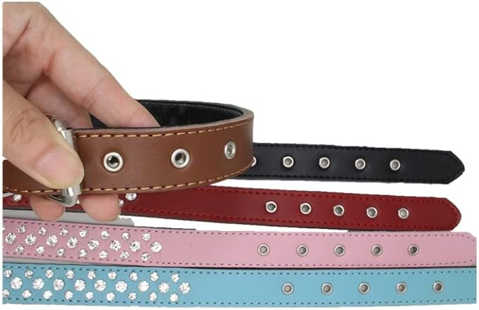 Rhinestones Dog Collar, Adjustable Sparkly Crystal Studded Genuine Leather Pet Dog Collar for Small and Medium Dogs (L, Hot Pink)