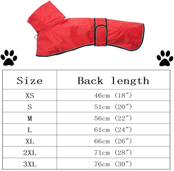 Dog Raincoat with Reflective Bar, Rain/Water Resistant, Adjustable Vest - Dog Raincoats for Greyhounds, Lurchers and Whippets - Red - XL