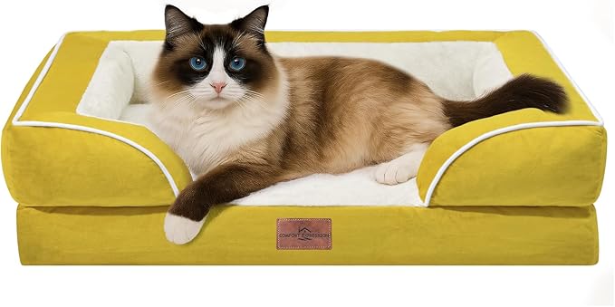 Comfort Expression Orthopedic Dog Bed for Small Dogs 20x14 Inch, Waterproof Egg Crate Foam Small Pet Bed with Removable Bolsters, Dog Couch with Washable Cover & Non-Slip Bottom, Spicy Mustard