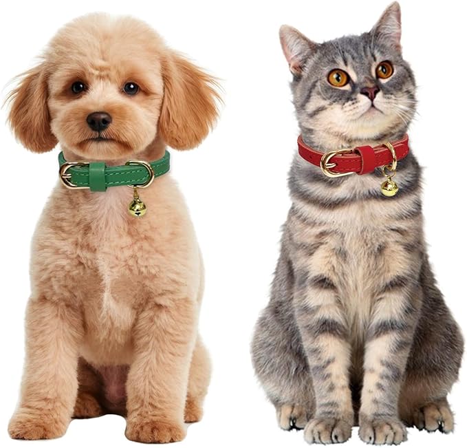 Guiding Star Leather Collar for Puppy, Cute Soft Thin Dogs Collars for Small Medium Dogs, Cat Collar with Bell (Red, XXS, 6.2"-10")