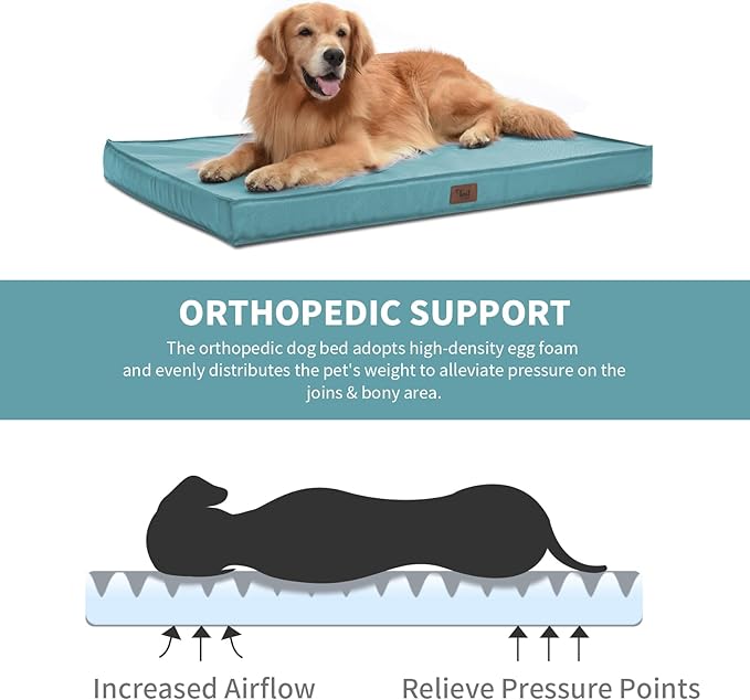 Outdoor Orthopedic Dog Bed for Extra Large Dogs, XL Waterproof Flat Pet Bed 44x32 Inch, Egg Crate Foam with Removable Washable Oxford Cooling Cover, Light Blue