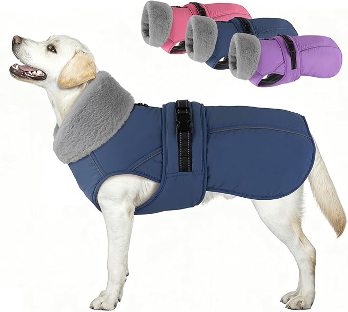 PETDSH Dog Coat Large, Windproof Dog Jacket with Warm Fleece Lining, Thickened Collar Dogs Winter Coat, Adjustable Reflective Pet Coats for Cold Weather (Navy Blue, X-Large)