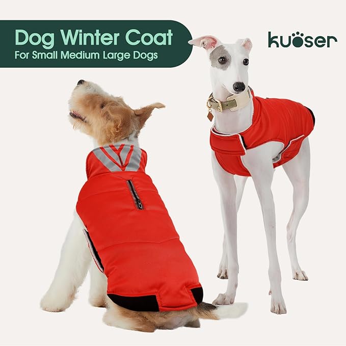 Kuoser Dog Coat Small, Cold Weather Reflective Waterproof Dogs Jacket with Warm Fleece Lining, Turtleneck Dog Winter Coat with Zipper, Doggy Snow Jacket Pet Coats for Small Medium Large Dogs, Red XS