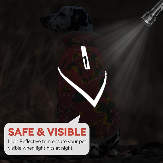 VIVAGLORY Snowrap Dog Coat, Jacket with Harness Hole & Velcro Closure, Dog Coat for Winter & Cold Weather, Fluffy Warm Fleece Lined Reflective Water Resistant for Puppy, XS, Northeast Florals-Red
