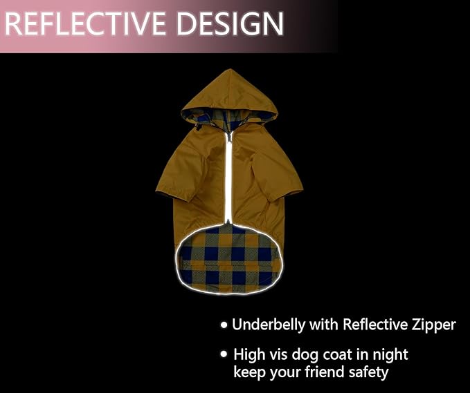 Dog Raincoat Dogs Waterproof Reversible rain Jacket Dog Small Medium Breeds Reflective Zipper Storage Pocket Harness Hole - Yellow - S