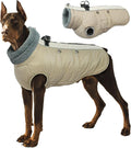 IDOMIK Warm Dog Coat with Harness, Waterproof Reflective Dog Jackets for Small Medium Large Dogs, Fleece High Collar Winter Jacket with Zipper, Pet Winter Snowsuit Clothes for Cold Weather,Khaki 2XL