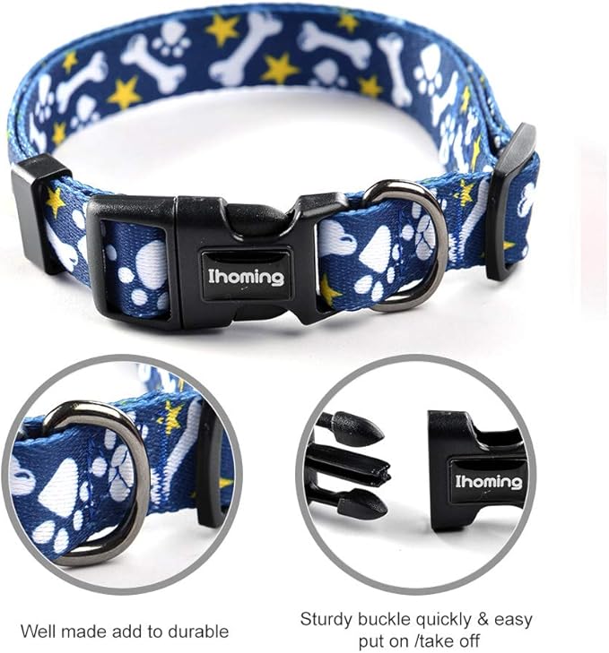 Ihoming Dog Collar and Leash Set for Daily Outdoor Walking Running Training, Bone Design for Medium Boys Girls Dogs Cats Pets, M-Up to 45LBS