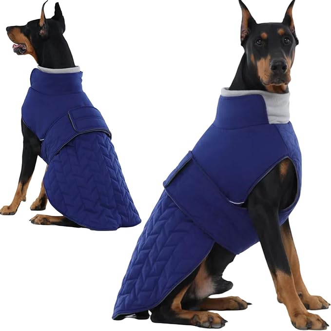 Outdoor Classic Quilted Upgraded Dog Winter Coat, Waterproof & Ultra Warmth Coats for Large Dogs, Lightweight Jackets Chest Adjustable, Pet Turtleneck Snowsuit for Labrador Dalmatian(Blue, 2XL)
