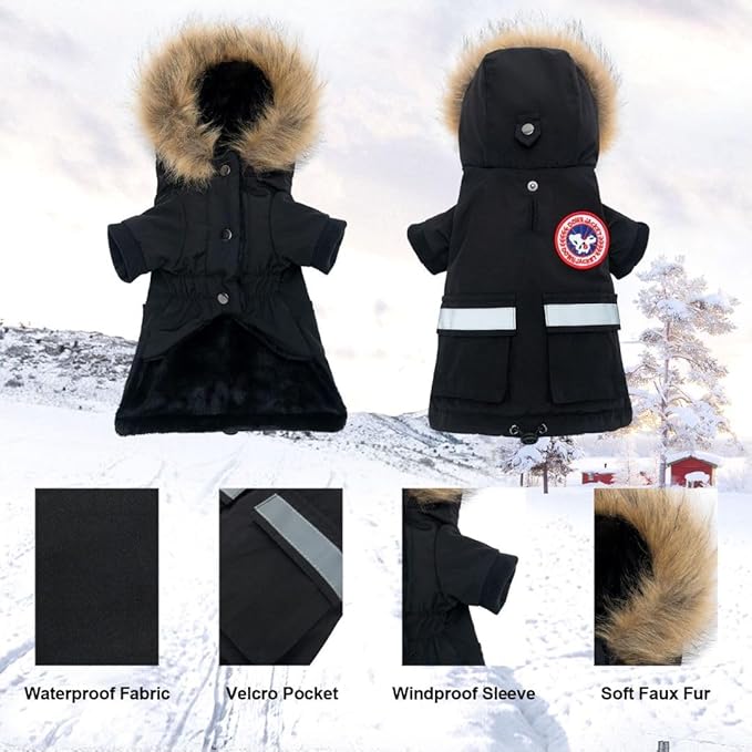 PINA Small Dog Coats - Waterproof, Warm Winter Jacket with Faux Fur Hood, Reflective, Flannel Lined, Windproof