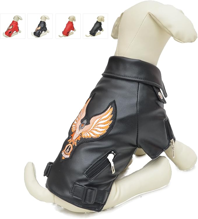 Lovelonglong Cool Dog Leather Jacket, Warm Coats Dogs Windproof Cold Weather Coats for Large Medium Small Dogs with Eagle Embroidery Black L-S
