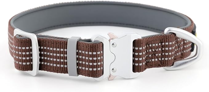 Plutus Pet Reflective Dog Collar with Aviation Aluminum Buckle, Neoprene Padded for Comfort, Lightweight, Heavy Duty Nylon Collar for Puppy Small Medium Large Dogs (Chocolate, L)