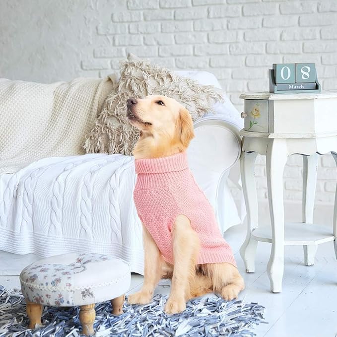 Mihachi Turtleneck Dog Sweater - Winter Coat Apparel Classic Cable Knit Clothes with Leash Hole for Cold Weather, Ideal Gift for Pet in New Year Flesh Pink X-Large