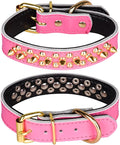 Adjustable Genuine Leather Spiked Studded Dog Collars for Small Medium Large Pets Like Pit Bull Bulldog Pugs Husky (M, Hot Pink2)