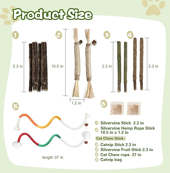 Catnip Chew Toys for Cats, 12 Pack Cat Toys with Silvervine Sticks, Natural Silvervine Stick Cage Balls & Bell Balls for Indoor Cats