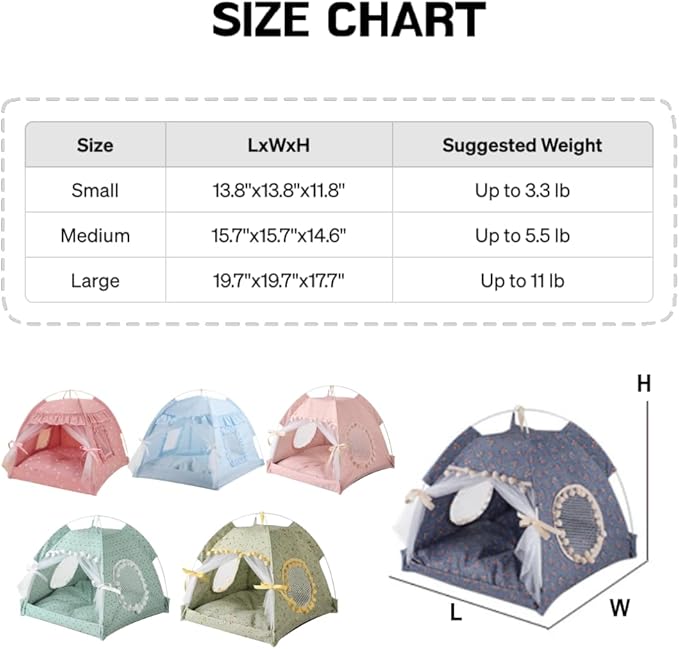 Cat Bed Tents Dog House Indoor Outdoor Lace Mesh Breathable Windows Door Curtains Removable Portable Nest Teepe House (Small,Blue)