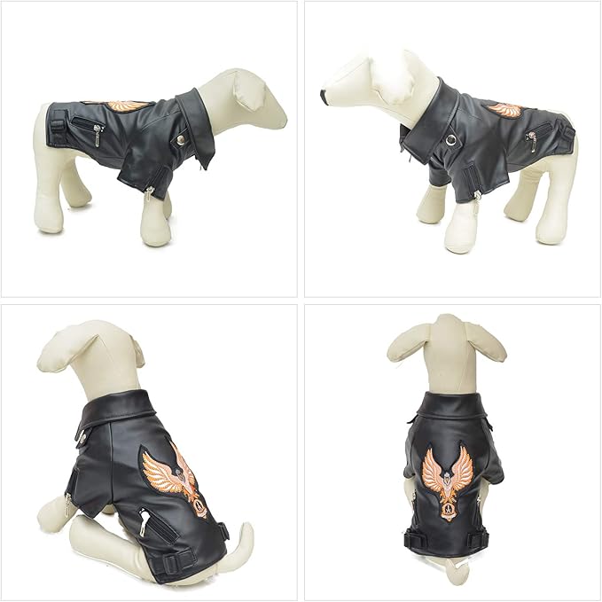 Lovelonglong Cool Dog Leather Jacket, Warm Coats Dogs Windproof Cold Weather Coats for Large Medium Small Dogs with Eagle Embroidery Black L-S