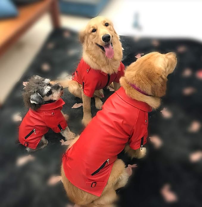 Lovelonglong Cool Dog Leather Jacket, Warm Coats Dogs Windproof Cold Weather Coats for Large Medium Small Dogs, Boston Terrier Clothing Red XXL
