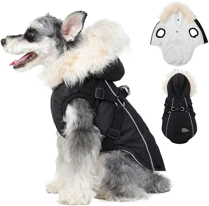 PINA Winter Coat - Waterproof Dog Jacket with Faux Fur Hood, Reflective Strap for Small to Large Dogs, Black, XL