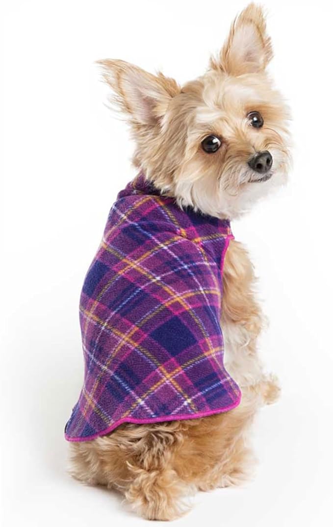 Goldpaw Stretchy Fleece Jacket for Small Dogs - Super Soft, Warm Dog Sweater - Pet Sweater Vest for Fall and Winter - Canine Clothes Made in The USA - Machine Washable - Mulberry Plaid - Size 8