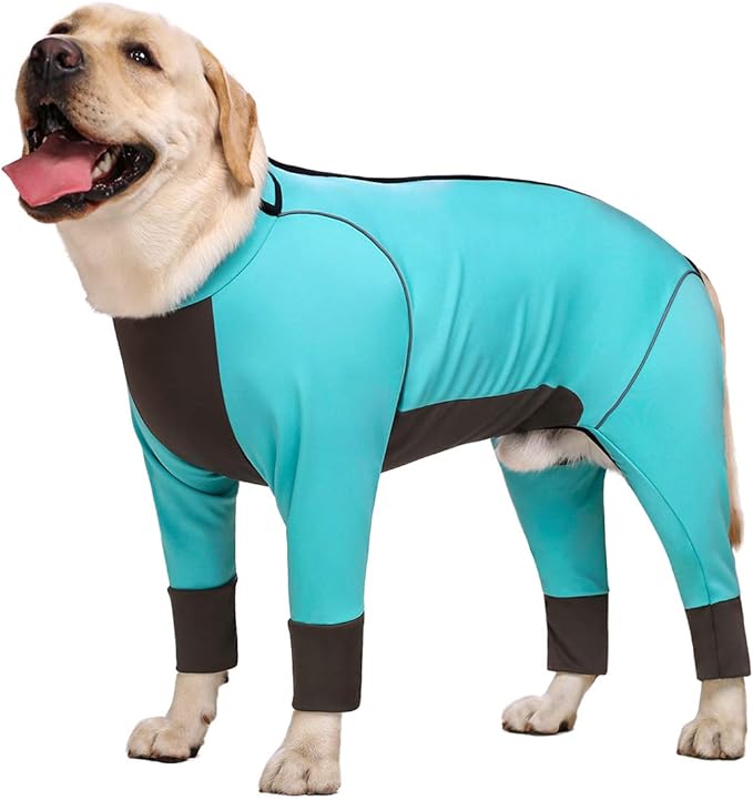 Jumpsuit for Medium Large Dogs, 4 Legged Recovery Onesie, Waterproof Blue Zip Up Clothes, Big Pajamas Pjs Gifts, Full Belly (Blue, 28)
