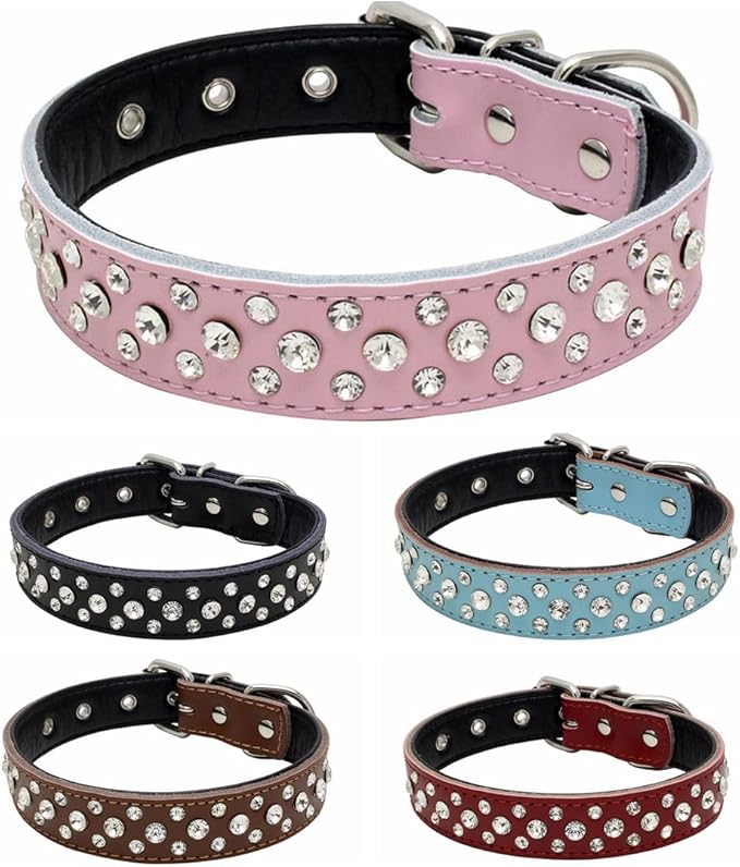 Rhinestones Dog Collar, Adjustable Sparkly Crystal Studded Genuine Leather Pet Dog Collar for Small and Medium Dogs (M, Hot Pink)
