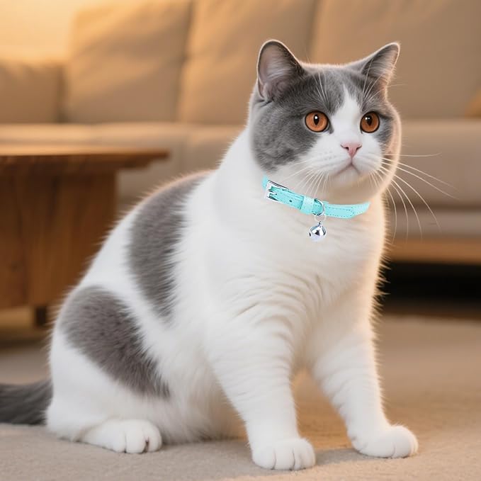 PUPTECK 2 PCS Soft Genuine Leather Cat Kitten Collar with Bells Adjustable for Girl Boy Cats Puppy - Pale Turquoise, Navy Blue
