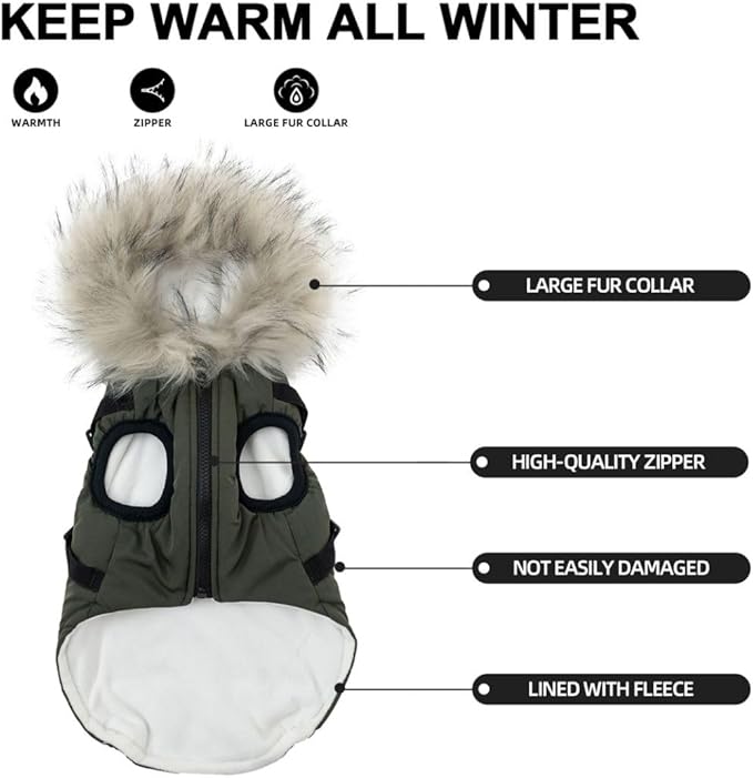 PINA Winter Coat with Waterproof Fabric and Faux Fur Hood, Dog Jacket with Reflective Strap for Small to Large Dogs, Green, S