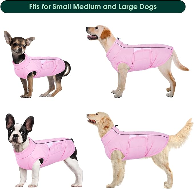 Kuoser Dog Jacket, Dog Coats for Large Dogs Winter Waterproof, Reflective Doggie Vest with Leash Hole, Cold Weather Coats Pet Snow Jacket for Labrador Beagle, Pink XL