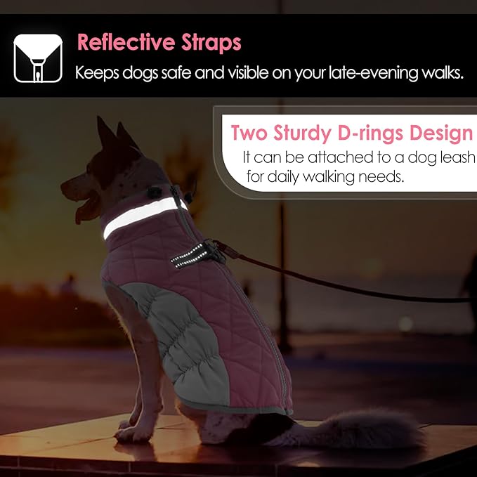 AOFITEE Dog Coat, Warm Dog Jacket, Reflective Winter Coats for Medium Dogs, Turtleneck Dogs Winter Jacket with Harness Built in, Waterproof Windproof Pet Fleece Vest Puffer Jacket, Pink M