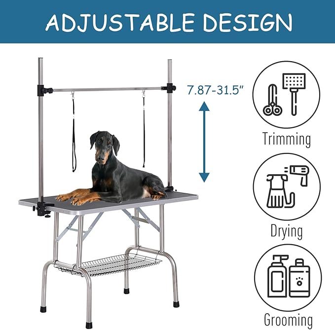 42" Dog Grooming Table Foldable Pet Grooming Tables with Adjustable Arm Noose Storage Mesh Tray Maximum Capacity Up to 330lbs Black