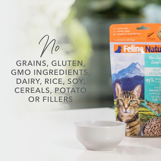 Feline Natural High Protein Dry Cat Food, Freeze-Dried Diet with 98% Meat, Organs & Seafood, No Peas, Grains, or Artificial Additives, Made in New Zealand, Beef, 11oz