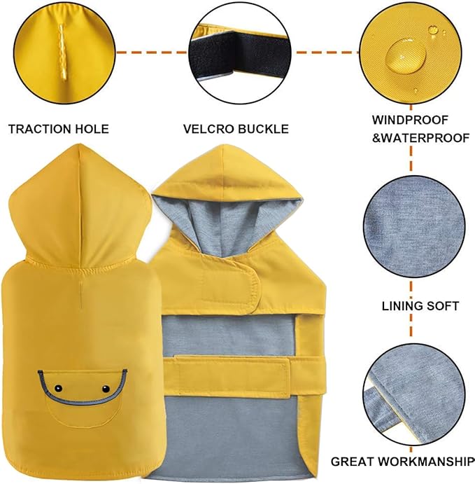 Small Dog Raincoat Dogs Rain Jacket Reflective Poncho Rainwear Waterproof Pet Clothes Warm Lined Pocket Hooded Leash Hole Adjustable for Puppy,Yellow,S,Back Length 8.3 Inch