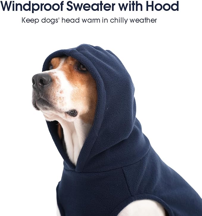 IECOii XXL Dog Hoodie for Large Dogs, Fleece Dog Sweatshirt for Large Breed Male Female Dogs,Pet Pouch Hoodie Winter Sweater Coat with Leash Hole, Warm & Lightweight Outfit for Pitbull, Blue, 2XL