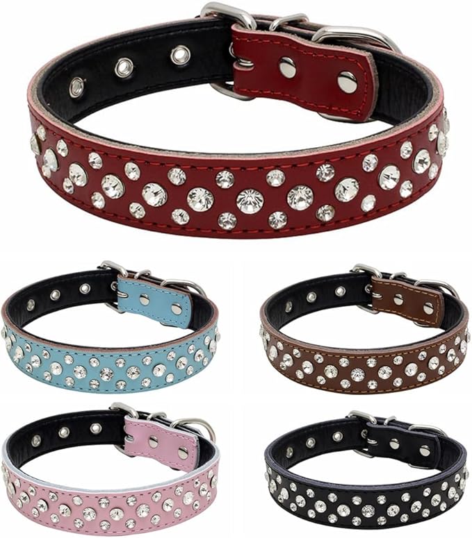 Rhinestones Dog Collar, Adjustable Sparkly Crystal Studded Genuine Leather Pet Dog Collar for Small and Medium Dogs (S, Red)
