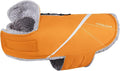 VIVAGLORY Snowrap Dog Coat, Jacket with Harness Hole & Velcro Closure, Dog Coat for Winter & Cold Weather, Fluffy Warm Fleece Lined Reflective Water Resistant for Puppy, L, Orange