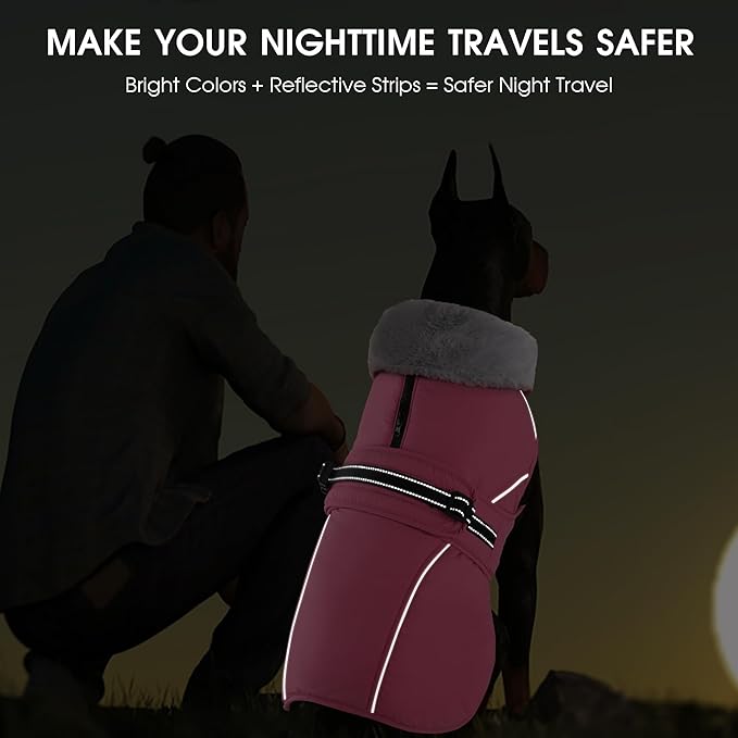 PETDSH Dog Coat Large, Windproof Dog Jacket with Warm Fleece Lining, Thickened Collar Dogs Winter Coat, Adjustable Reflective Pet Coats for Cold Weather (Pink, Large)