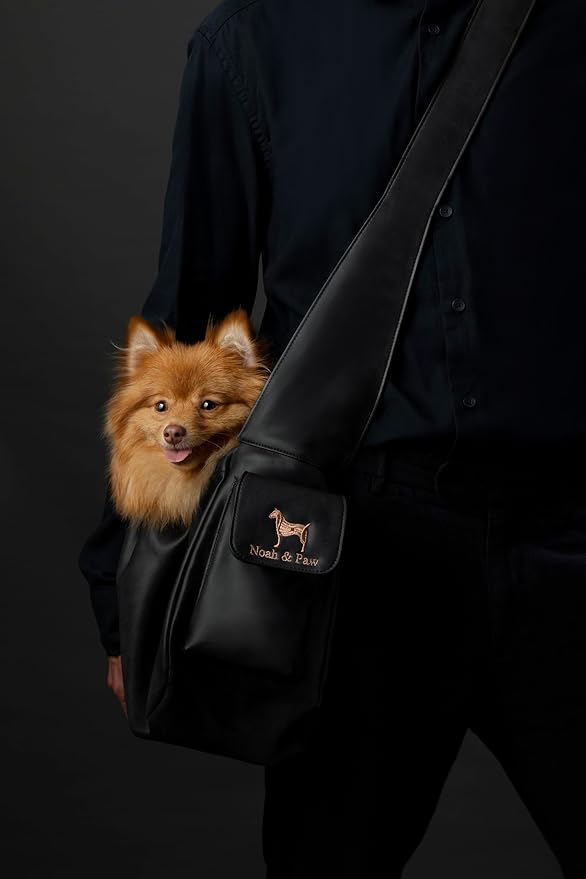 Noah & Paw Dog Sling Carrier for Small Dogs 5-18lb, Dog Sling for Small Dogs and Cats, Dog Carrier with Adjustable Padded Strap, Vegan Leather Lined with Fur, Double Safety Feature, Machine Washable