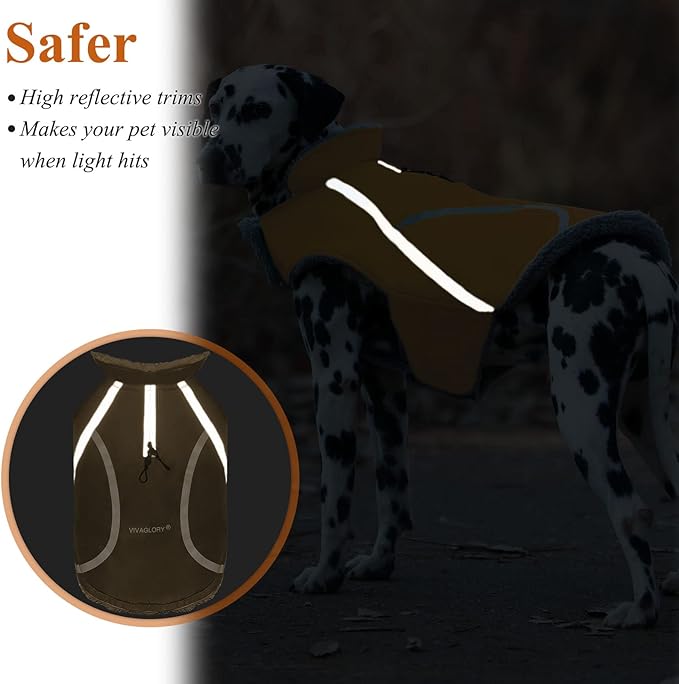 VIVAGLORY Frostfit Dog Coat, Dog Jacket for Winter & Cold Weather, Warm Fluffy Fleece Lined Water Resistant Reflective for Puppy, Coat with Velcro Fastening & Leash Hole, L, Khaki