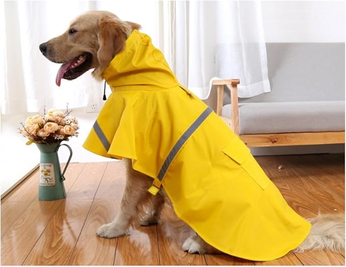 Mikayoo Large Dog Raincoat Adjustable Pet Waterproof Clothes Lightweight Rain Jacket Poncho Hoodies with Strip Reflective (XL, Yellow)