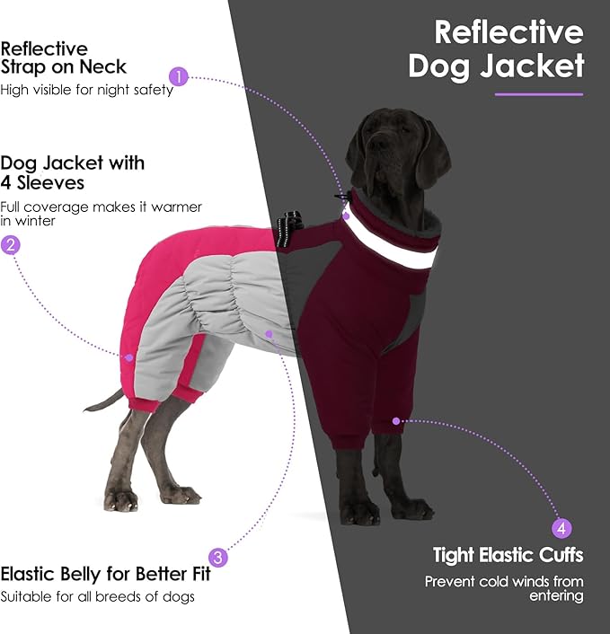 SUNFURA Full Body Dog Coat - Warm Fleece Jacket for Extra Large Dogs, Turtleneck Winter Coats with Harness, Reflective Dog Snowsuit Windproof Puffer Jackets with Legs for Great Dane, Hot Pink 3XL