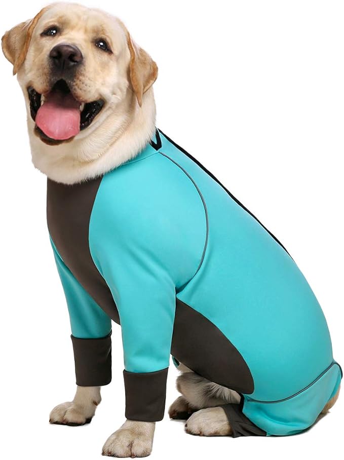 Jumpsuit for Medium Large Dogs, 4 Legged Recovery Onesie, Waterproof Blue Zip Up Clothes, Big Pajamas Pjs Gifts, Full Belly (Blue, 28)