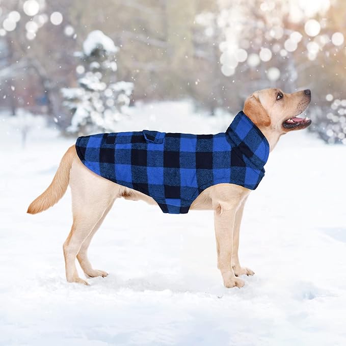 Malier Classic Plaid Fleece Dog Jacket with Pocket - Windproof Warm Coat Vest for Small to Large Dogs (Blue, Large)