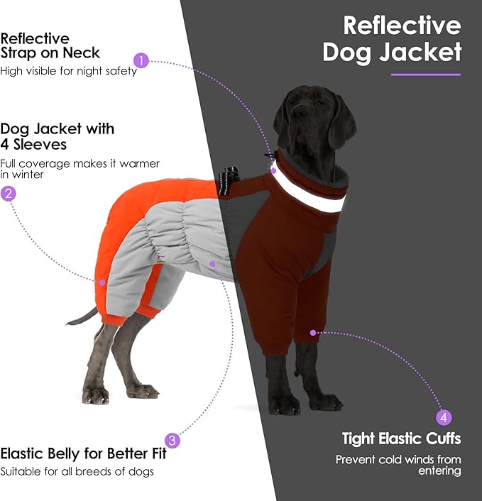 SUNFURA Full Body Dog Coat - Warm Fleece Jacket for Medium Dogs, Turtleneck Winter Coats with Harness, Reflective Dog Snowsuit Windproof Puffer Jackets with Legs for Boston Terrier, Orange M