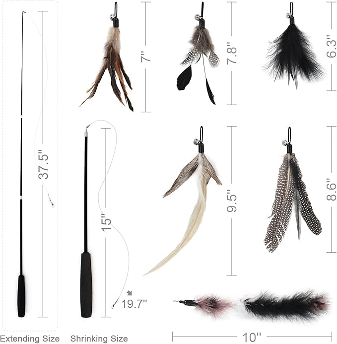 SONGWAY Interactive Cat Feather Toy Set - Retractable Teaser Wand with 6 Pcs Feather Refills with Bell, Cat Wand Toys for Indoor Cats Kittens Play Chase Exercise, Black