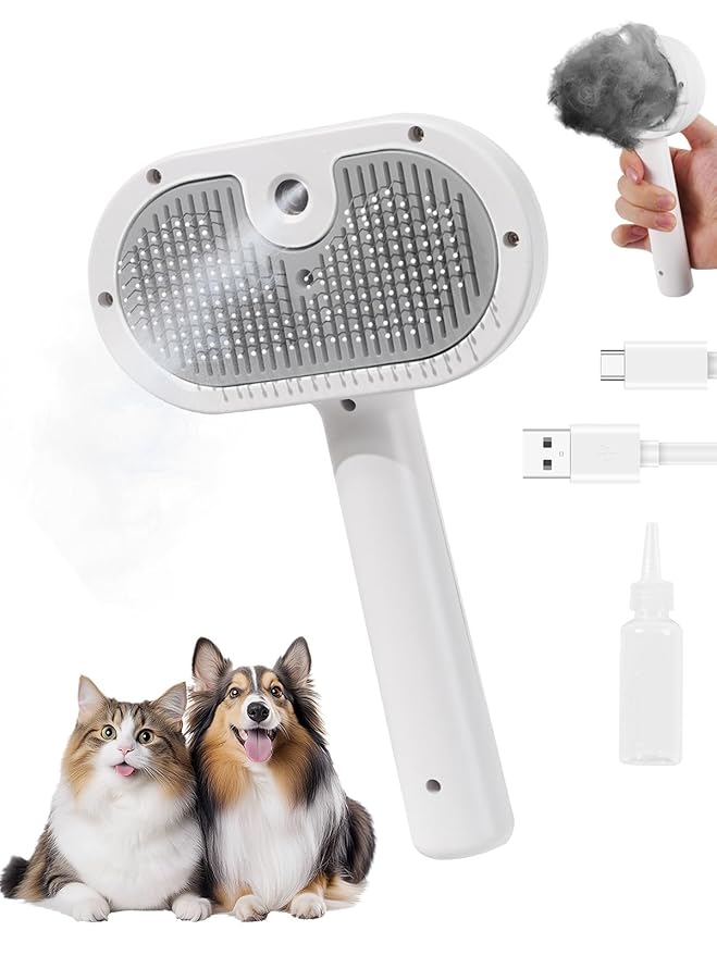 Anti-static Cat Steam Brush,3-in-1 Dog Brush & Gentle Grooming Fur Removal Tool for All Pets,Furmist Comb,Dog Brush,Cat Brushes,Pet Steam Brush,Self-Cleaning with Release Button for Long Short Hair