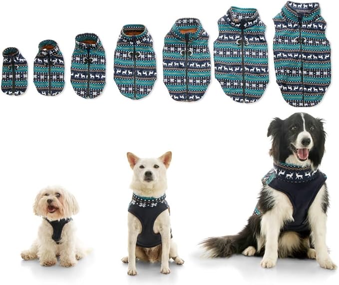 Gooby Zip Up Fleece Dog Sweater - Deer Blue, Large - Warm Pullover Fleece Step-in Jacket with Dual D Ring Leash - Winter Small Dog Sweater