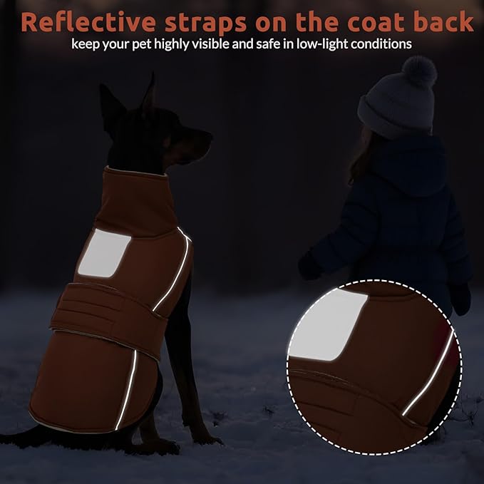 ASENKU Warm Dog Coat, Waterproof Dog Jackets for Large Dogs with Reflective Fleece Vest Turtleneck with Button,Windproof Cold Weather Coats for Small Medium Large Dogs, Red Brown, XL